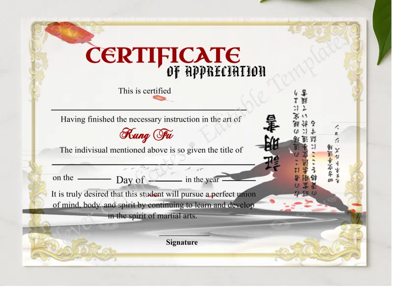 Editable Shin Ji Kung Fu Appreciation Certificate  presented in a sleek wooden frame, elegantly arranged on a stylish table.