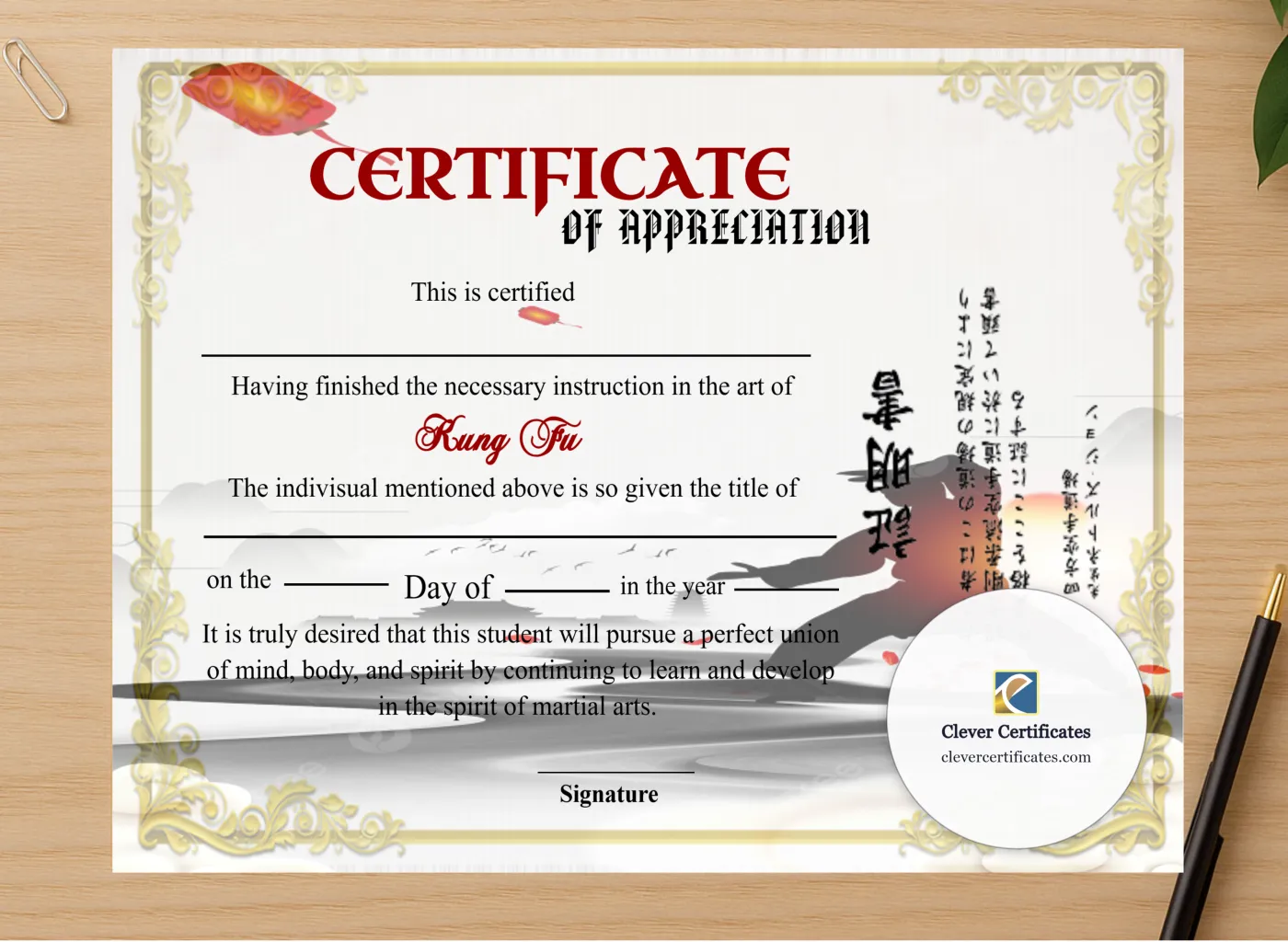 Professional preview of Editable Shin Ji Kung Fu Appreciation Certificate  certificate on high-quality stationery paper, ideal for showcasing the final look.