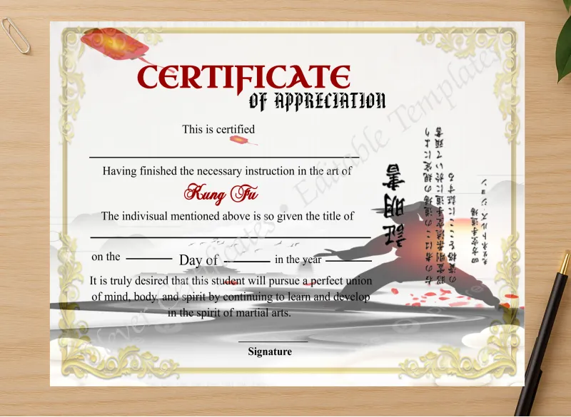 Professional preview of Editable Shin Ji Kung Fu Appreciation Certificate  certificate on high-quality stationery paper, ideal for showcasing the final look.