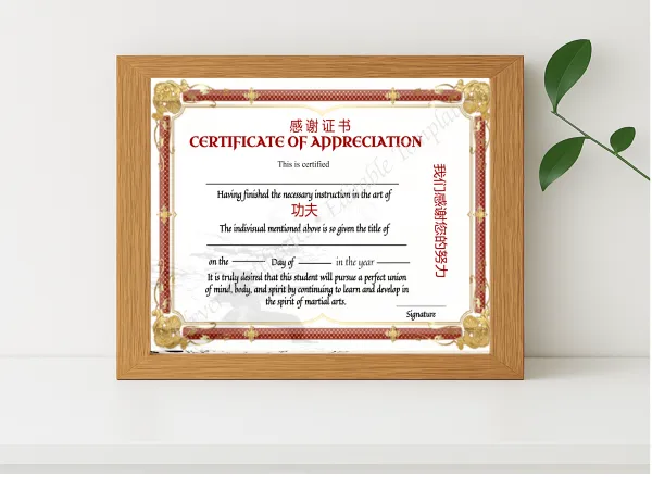 Realistic mockup featuring Printable Shin Ji Kung Fu Certicate Of Appreciation displayed within a modern frame, set against a minimalistic background.