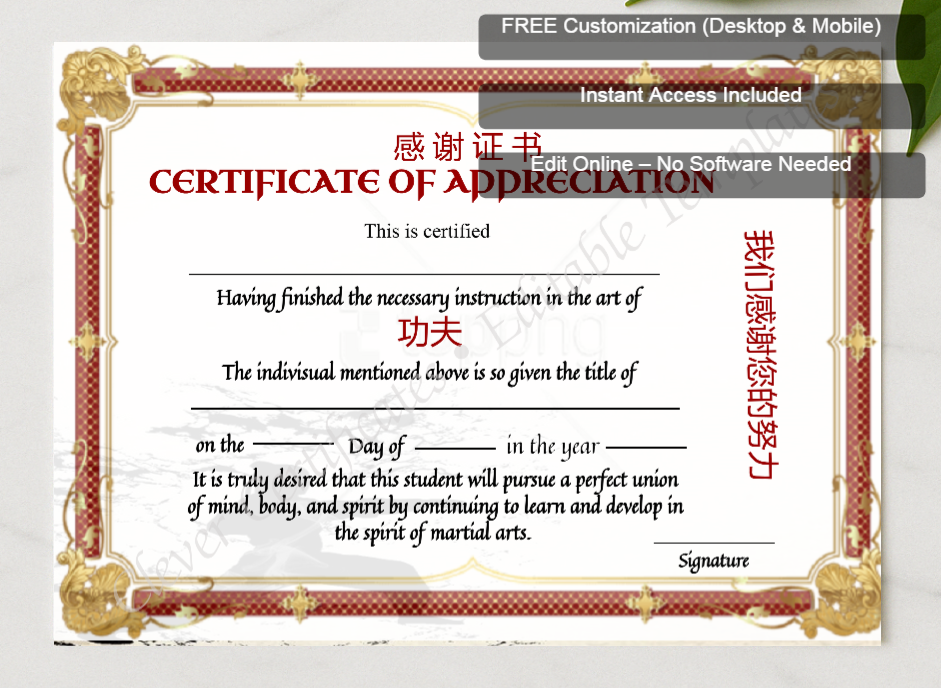 Framed preview featuring Free Editor badge stack for Printable Shin Ji Kung Fu Certicate Of Appreciation