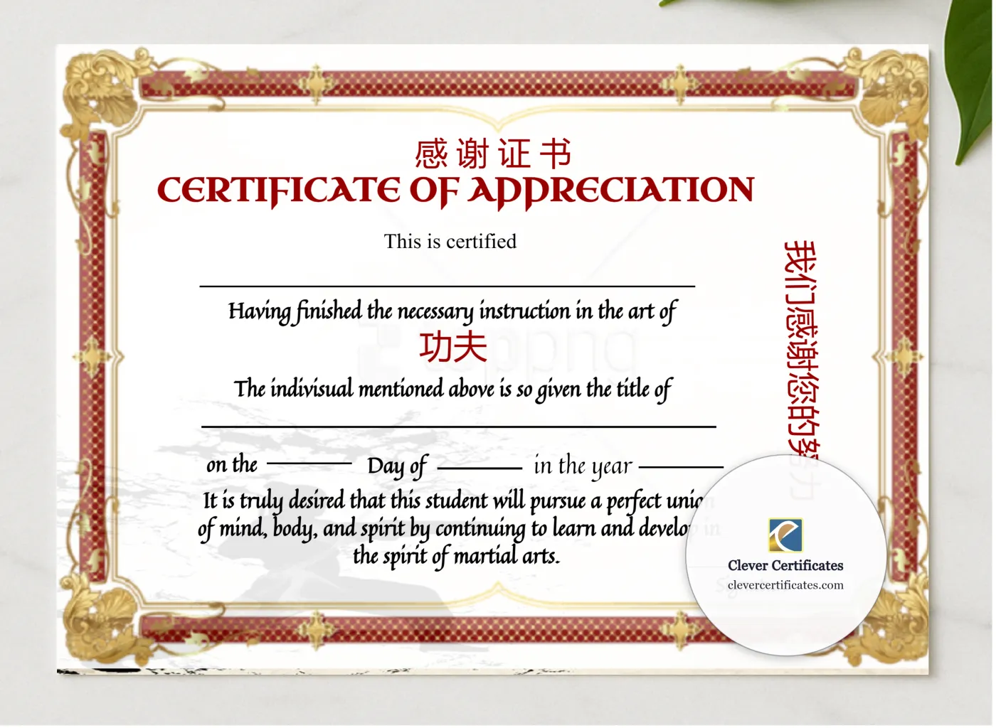 Printable Shin Ji Kung Fu Certicate Of Appreciation presented in a sleek wooden frame, elegantly arranged on a stylish table.
