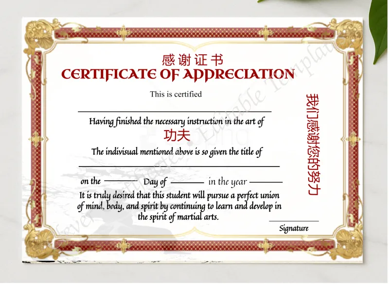 Printable Shin Ji Kung Fu Certicate Of Appreciation presented in a sleek wooden frame, elegantly arranged on a stylish table.