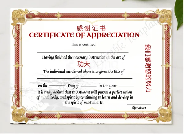 Printable Shin Ji Kung Fu Certicate Of Appreciation presented in a sleek wooden frame, elegantly arranged on a stylish table.