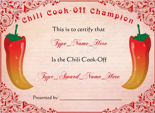 Chili Cook Off Champion Certificate