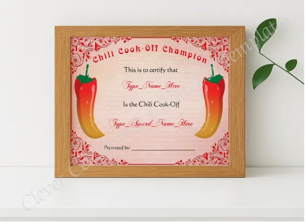 Realistic mockup featuring Chili Cook Off Champion Certificate displayed within a modern frame, set against a minimalistic background.