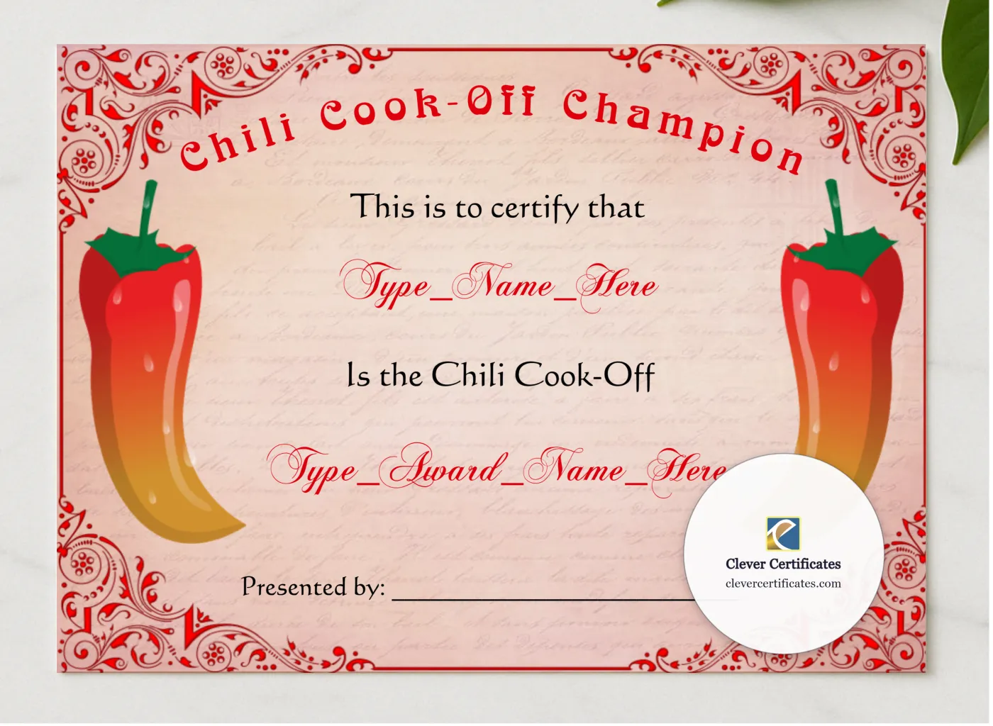 Chili Cook Off Champion Certificate presented in a sleek wooden frame, elegantly arranged on a stylish table.