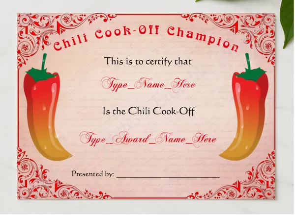 Chili Cook Off Champion Certificate presented in a sleek wooden frame, elegantly arranged on a stylish table.
