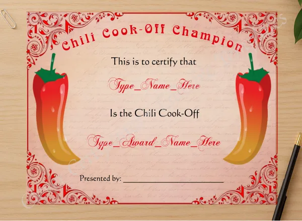 Professional preview of Chili Cook Off Champion Certificate certificate on high-quality stationery paper, ideal for showcasing the final look.