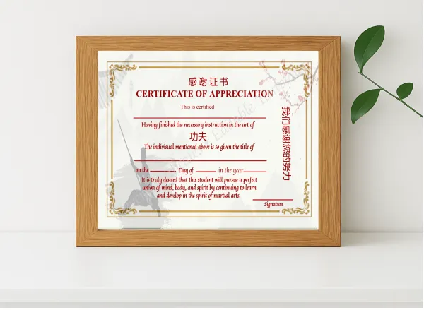 Realistic mockup featuring Printable Shin Ji Kung Fu Appreciation Certificate displayed within a modern frame, set against a minimalistic background.