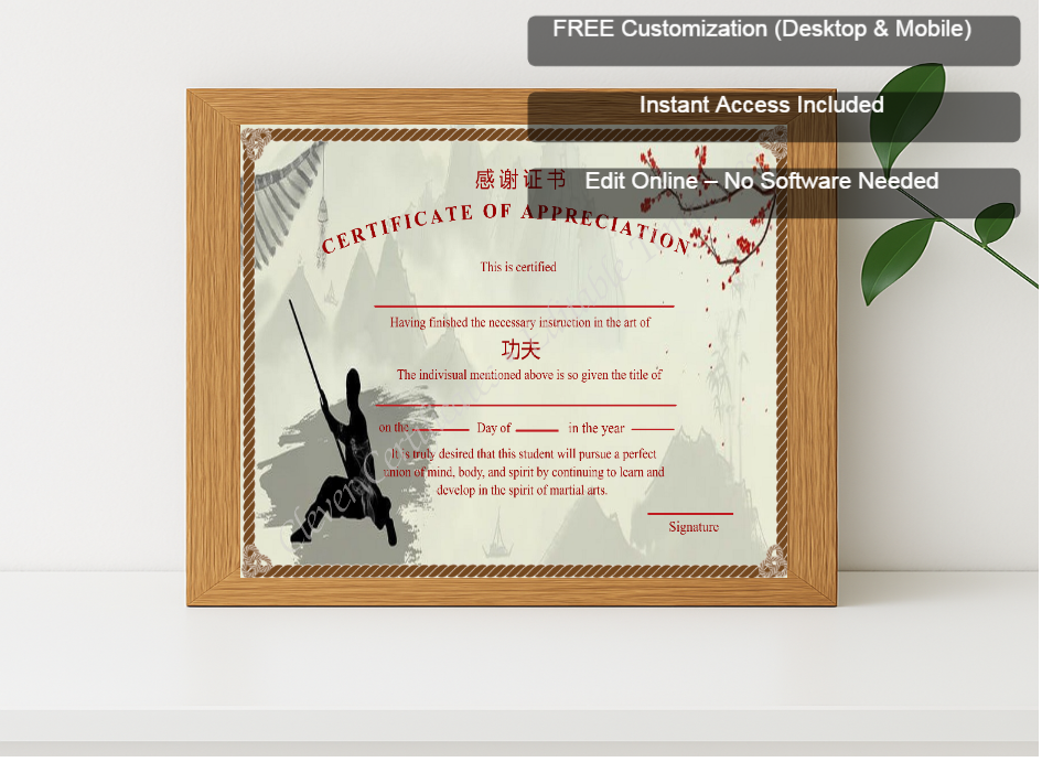 Premium mockup with Free Editor badge stack for Ditable Certificat Of Appreciation Of Shin Ji Kung Fu
