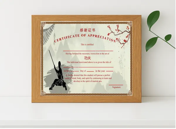 Realistic mockup featuring Ditable Certificat Of Appreciation Of Shin Ji Kung Fu displayed within a modern frame, set against a minimalistic background.
