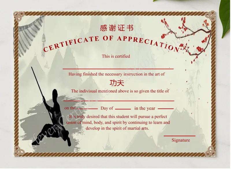 Ditable Certificat Of Appreciation Of Shin Ji Kung Fu presented in a sleek wooden frame, elegantly arranged on a stylish table.