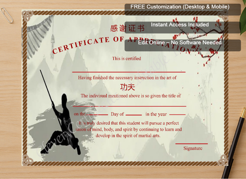 Zoomed preview with Free Editor badge stack for Ditable Certificat Of Appreciation Of Shin Ji Kung Fu