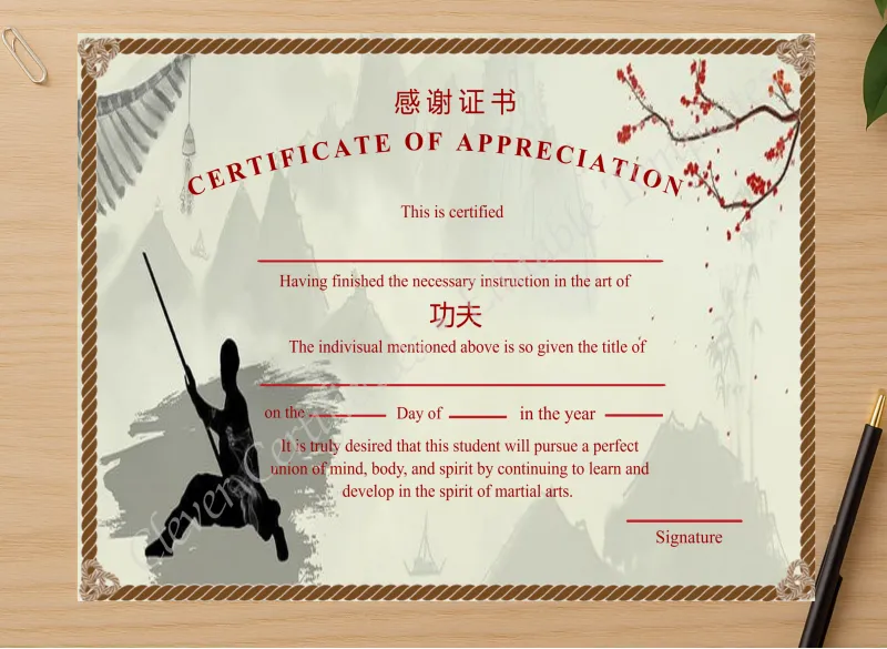 Professional preview of Ditable Certificat Of Appreciation Of Shin Ji Kung Fu certificate on high-quality stationery paper, ideal for showcasing the final look.