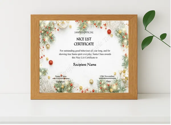 Realistic mockup featuring Editable Vintage Santa Claus Nice List Certificate displayed within a modern frame, set against a minimalistic background.
