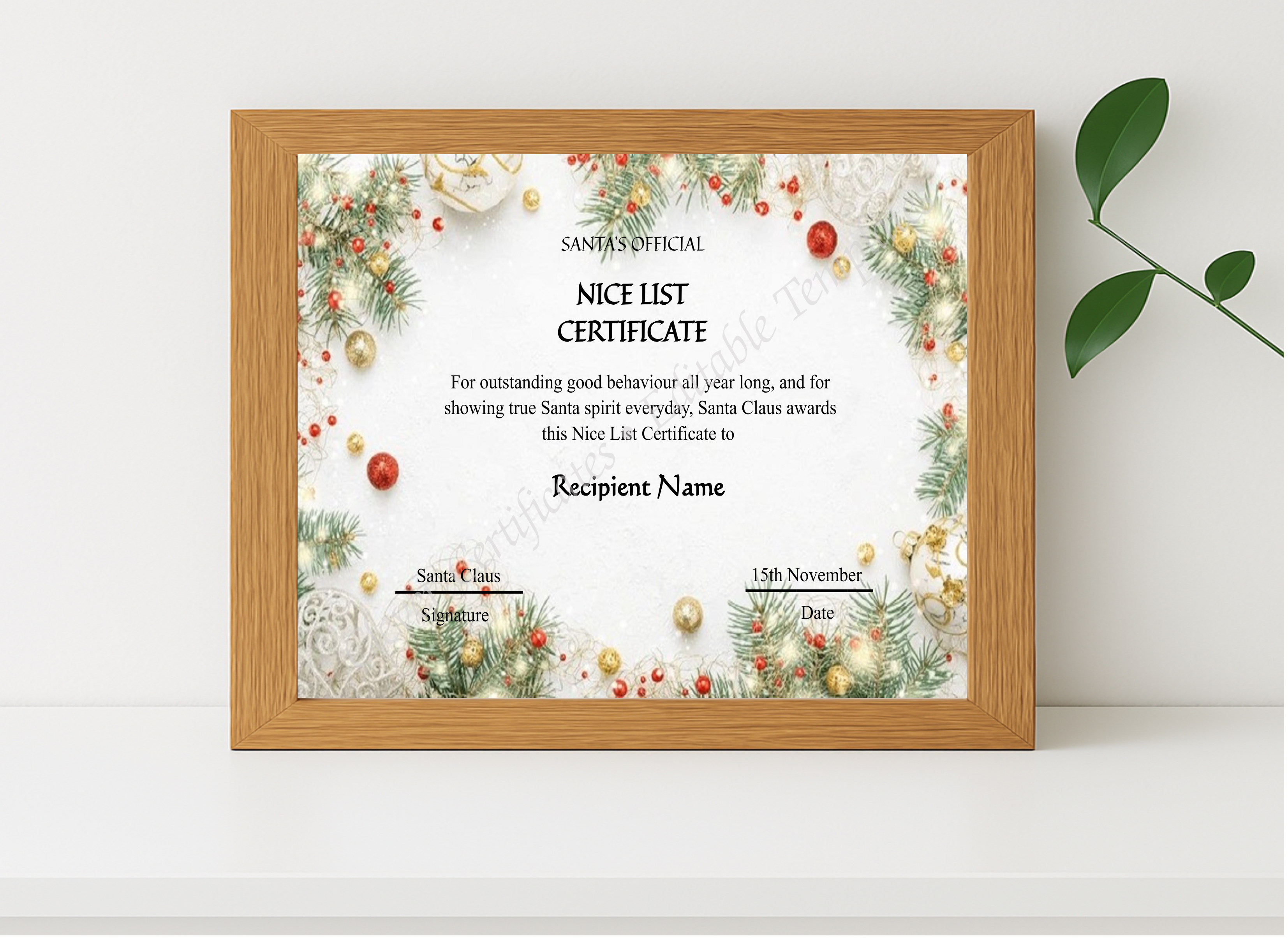 Realistic mockup featuring Editable Vintage Santa Claus Nice List Certificate displayed within a modern frame, set against a minimalistic background.