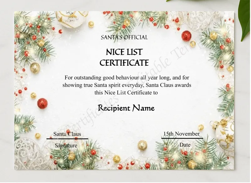 Editable Vintage Santa Claus Nice List Certificate presented in a sleek wooden frame, elegantly arranged on a stylish table.