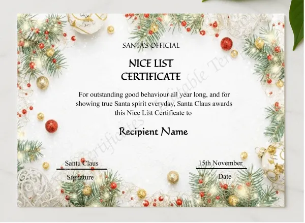 Editable Vintage Santa Claus Nice List Certificate presented in a sleek wooden frame, elegantly arranged on a stylish table.
