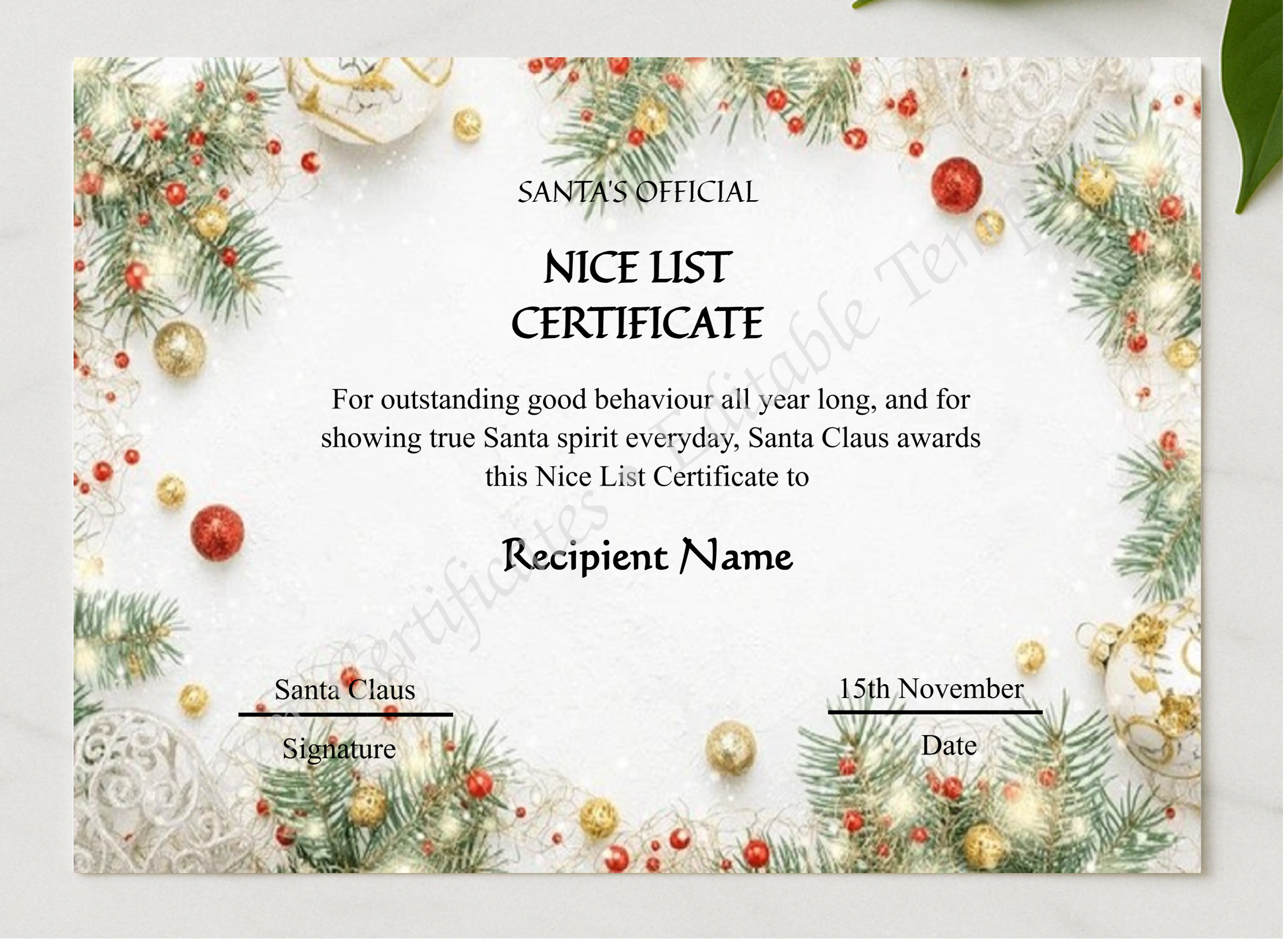 Editable Vintage Santa Claus Nice List Certificate presented in a sleek wooden frame, elegantly arranged on a stylish table.