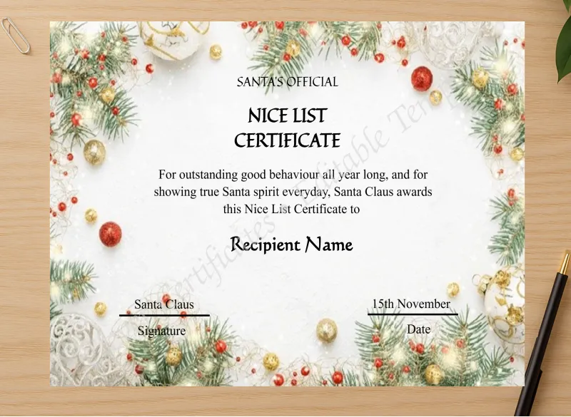 Professional preview of Editable Vintage Santa Claus Nice List Certificate certificate on high-quality stationery paper, ideal for showcasing the final look.