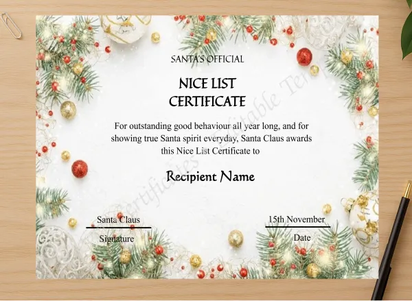 Professional preview of Editable Vintage Santa Claus Nice List Certificate certificate on high-quality stationery paper, ideal for showcasing the final look.