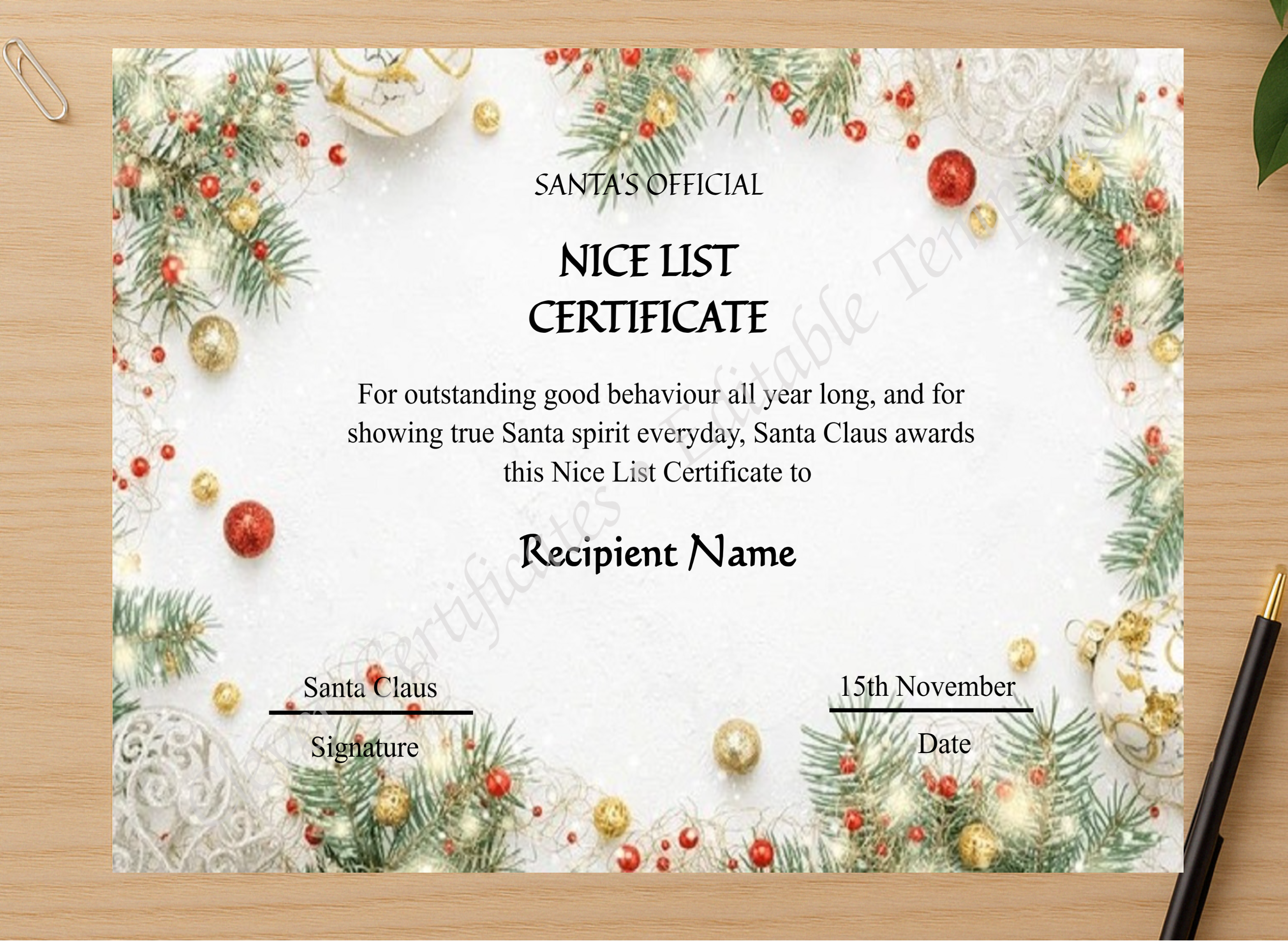 Professional preview of Editable Vintage Santa Claus Nice List Certificate certificate on high-quality stationery paper, ideal for showcasing the final look.