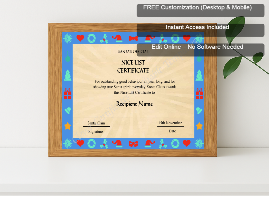 Premium mockup with Free Editor badge stack for Editable Vintage Santa Claus Nice List Certificate Template