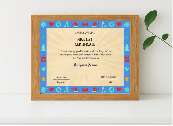 Realistic mockup featuring Editable Vintage Santa Claus Nice List Certificate Template displayed within a modern frame, set against a minimalistic background.
