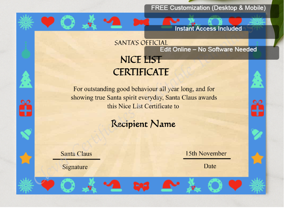 Framed preview featuring Free Editor badge stack for Editable Vintage Santa Claus Nice List Certificate Template