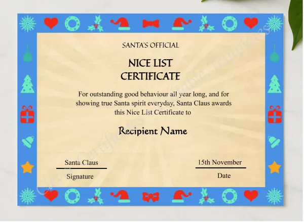 Editable Vintage Santa Claus Nice List Certificate Template presented in a sleek wooden frame, elegantly arranged on a stylish table.