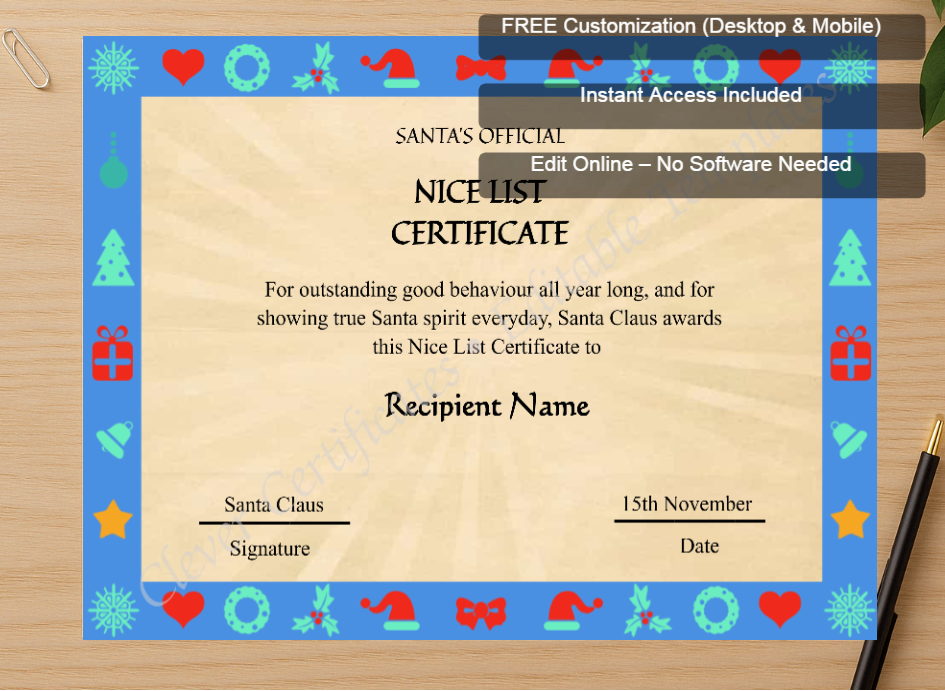 Zoomed preview with Free Editor badge stack for Editable Vintage Santa Claus Nice List Certificate Template