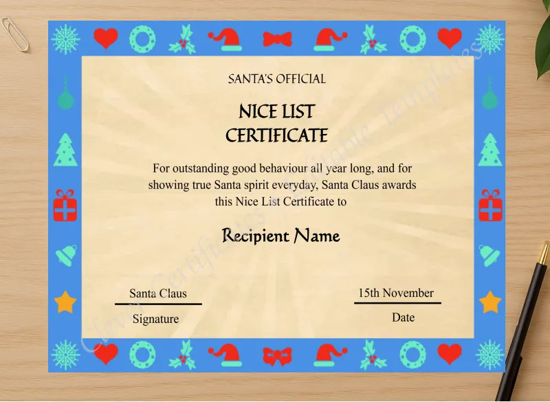 Professional preview of Editable Vintage Santa Claus Nice List Certificate Template certificate on high-quality stationery paper, ideal for showcasing the final look.