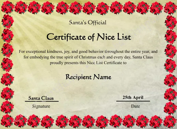 Printable Vintage Santa Claus Nice List Certificate Template 
