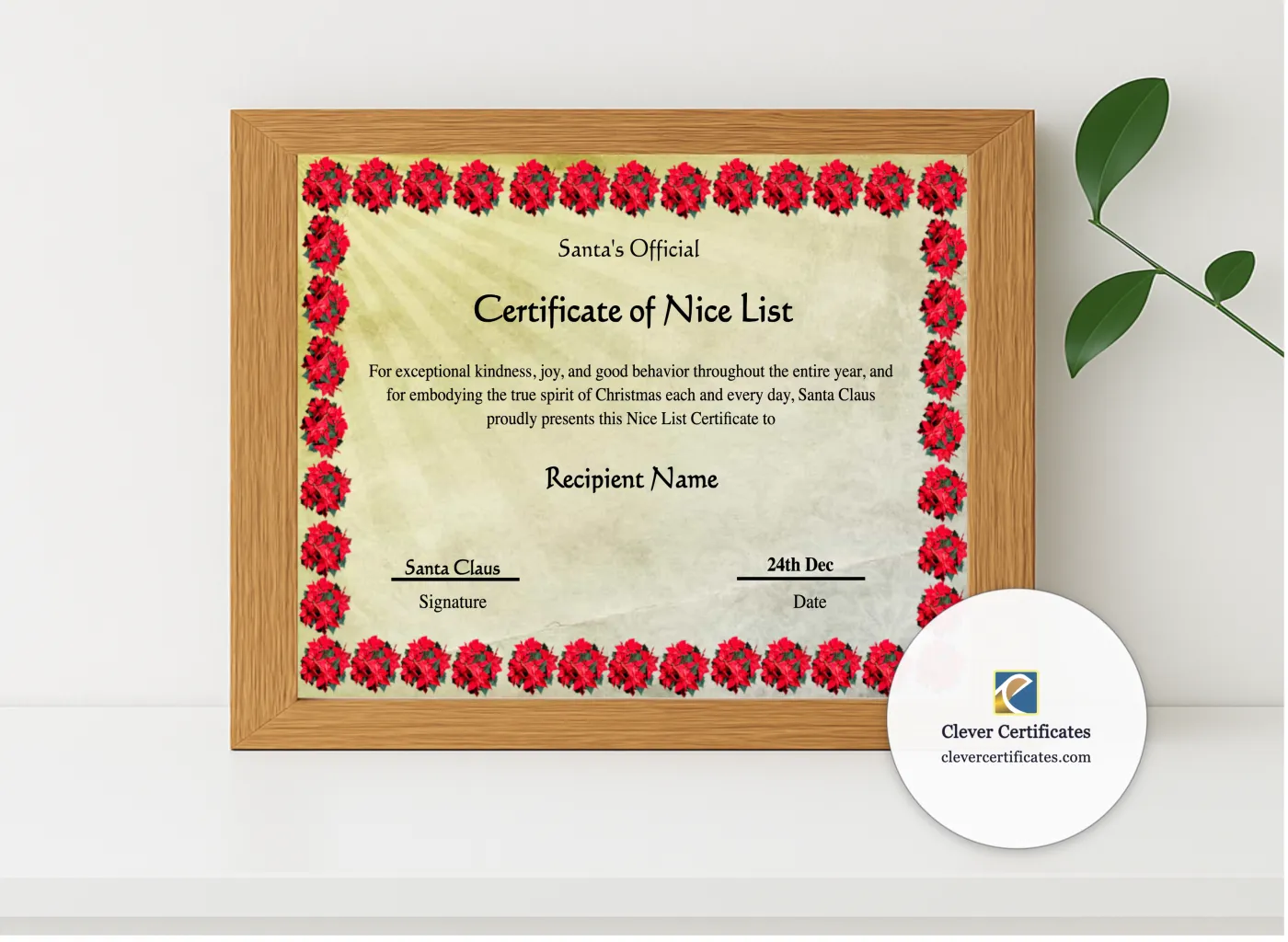 Realistic mockup featuring Printable Vintage Santa Claus Nice List Certificate Template displayed within a modern frame, set against a minimalistic background.