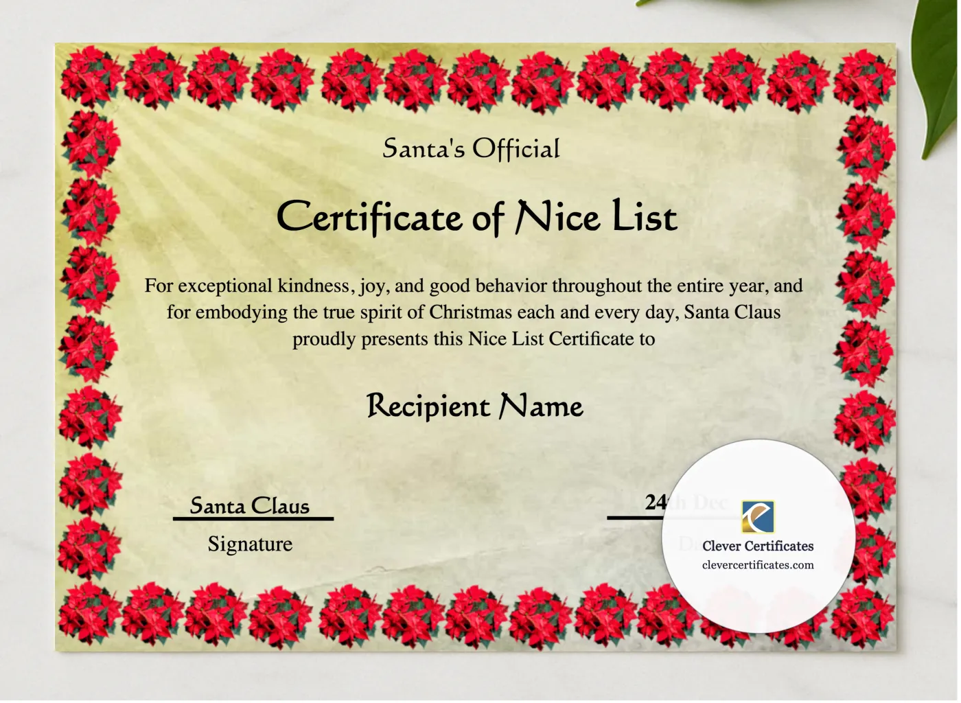 Printable Vintage Santa Claus Nice List Certificate Template presented in a sleek wooden frame, elegantly arranged on a stylish table.