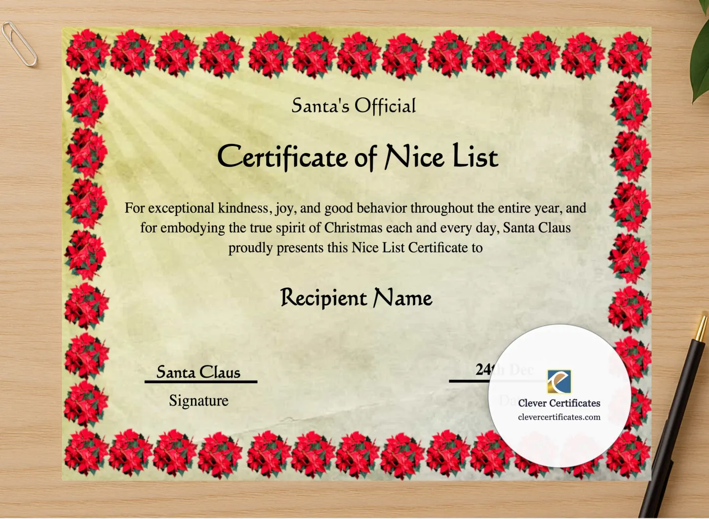 Professional preview of Printable Vintage Santa Claus Nice List Certificate Template certificate on high-quality stationery paper, ideal for showcasing the final look.