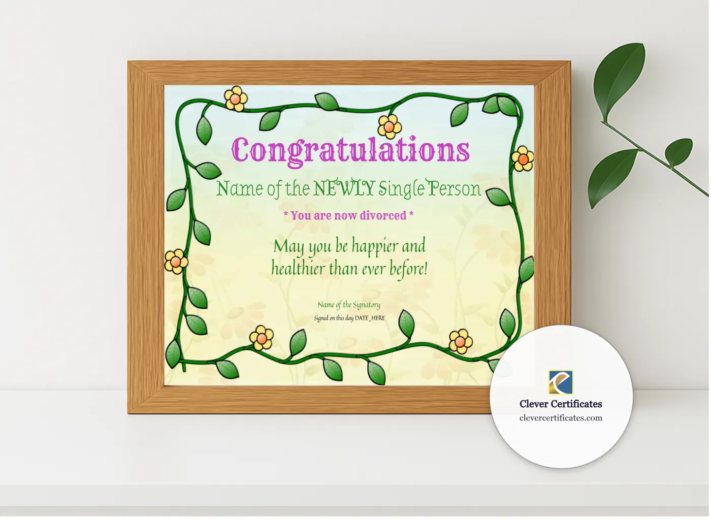 Realistic mockup featuring Congratulations Now Divorced Award displayed within a modern frame, set against a minimalistic background.