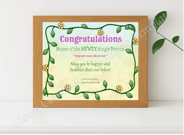 Realistic mockup featuring Congratulations Now Divorced Award displayed within a modern frame, set against a minimalistic background.