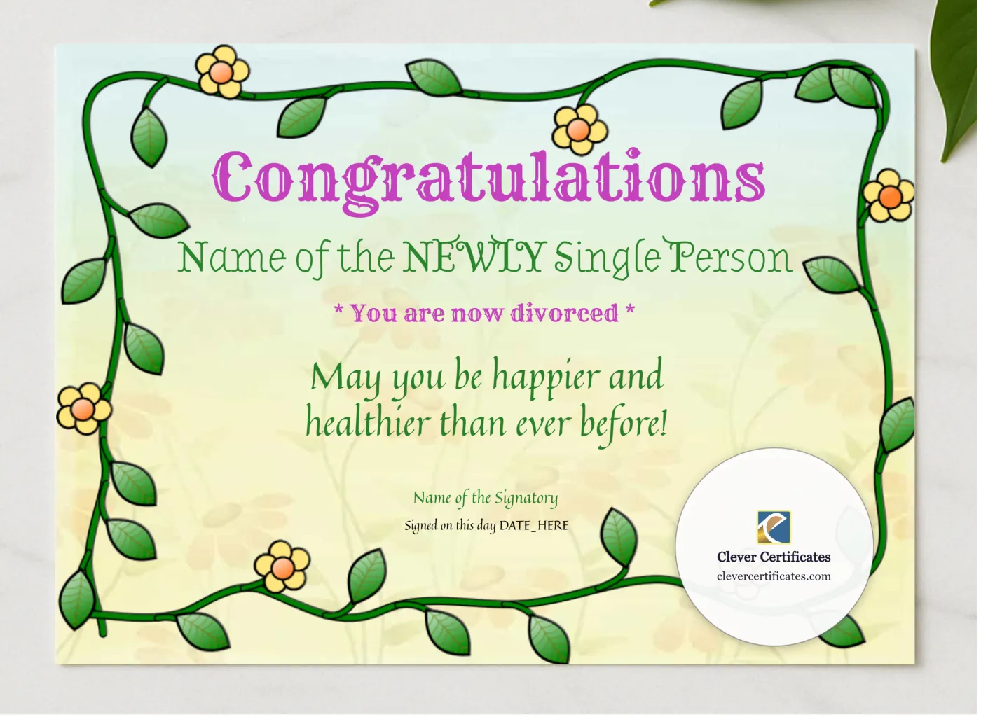 Congratulations Now Divorced Award presented in a sleek wooden frame, elegantly arranged on a stylish table.