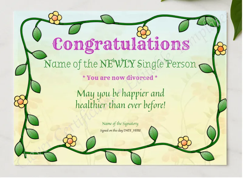 Congratulations Now Divorced Award presented in a sleek wooden frame, elegantly arranged on a stylish table.