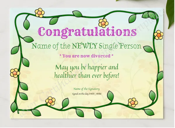 Congratulations Now Divorced Award presented in a sleek wooden frame, elegantly arranged on a stylish table.