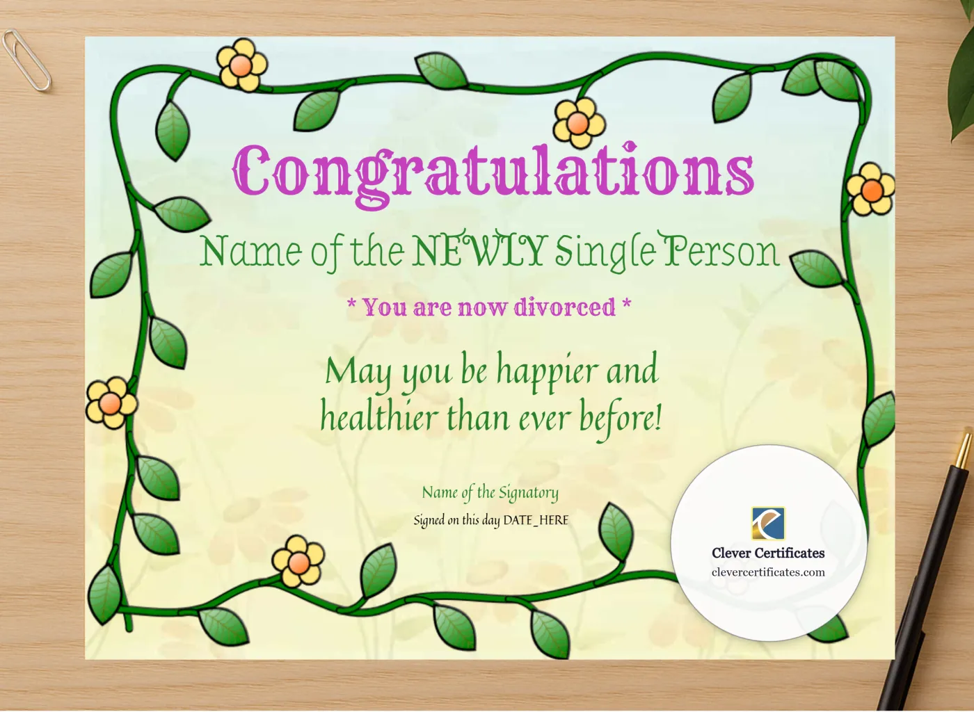 Professional preview of Congratulations Now Divorced Award certificate on high-quality stationery paper, ideal for showcasing the final look.