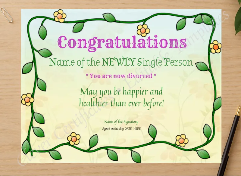 Professional preview of Congratulations Now Divorced Award certificate on high-quality stationery paper, ideal for showcasing the final look.