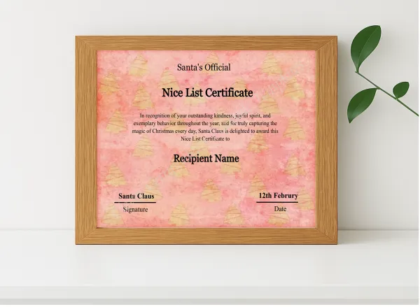 Realistic mockup featuring Customizeable Vintage Santa Claus Nice List Certificate Template displayed within a modern frame, set against a minimalistic background.