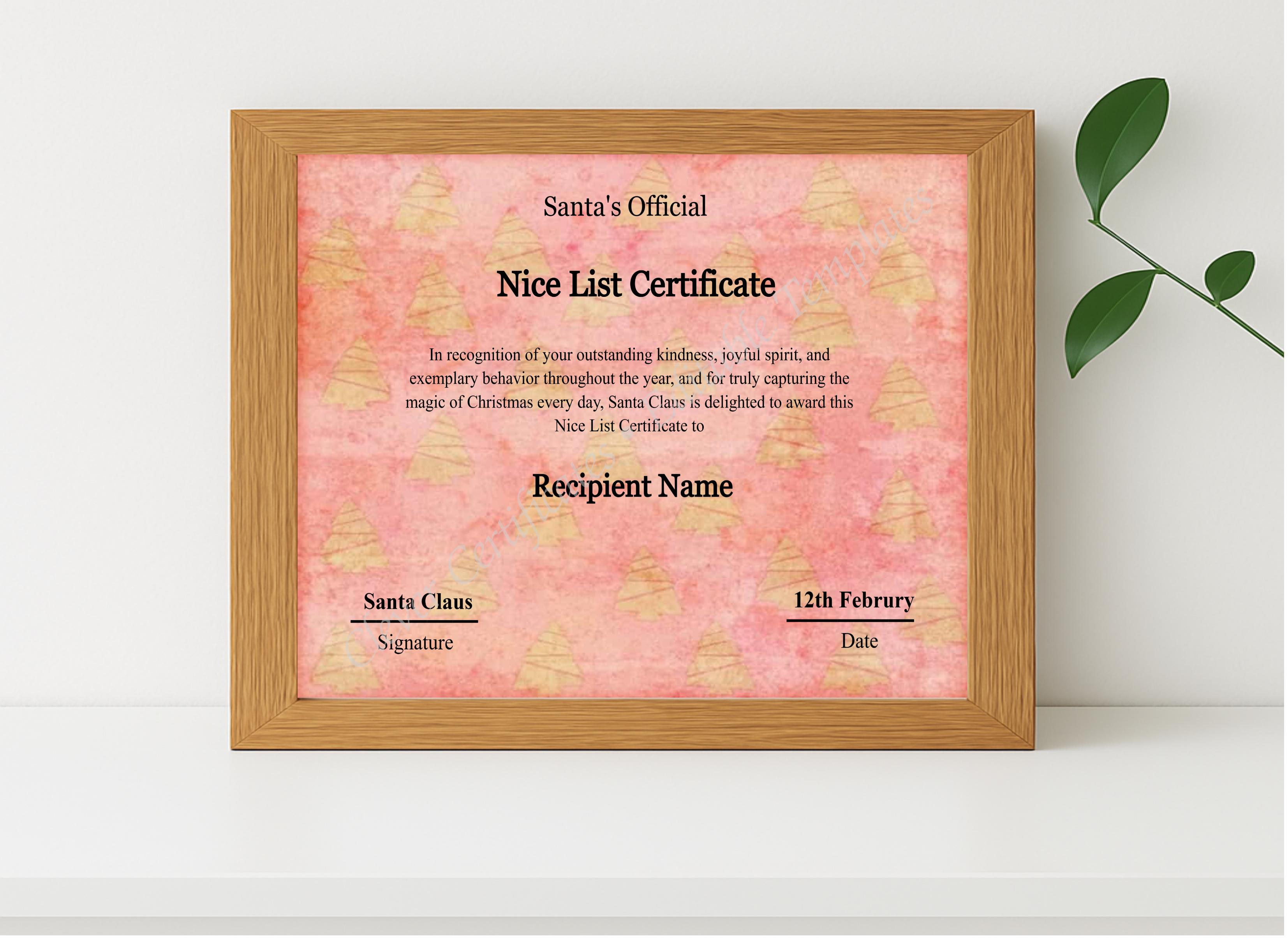 Realistic mockup featuring Customizeable Vintage Santa Claus Nice List Certificate Template displayed within a modern frame, set against a minimalistic background.