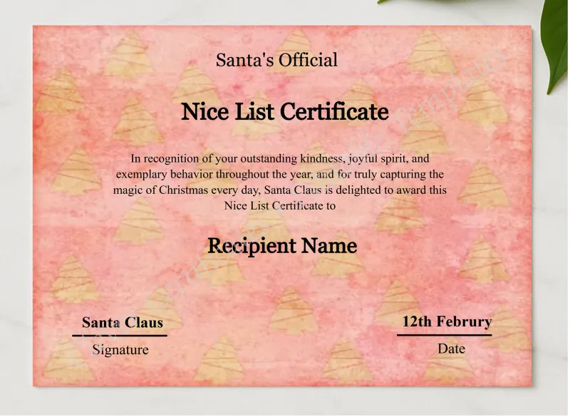 Customizeable Vintage Santa Claus Nice List Certificate Template presented in a sleek wooden frame, elegantly arranged on a stylish table.