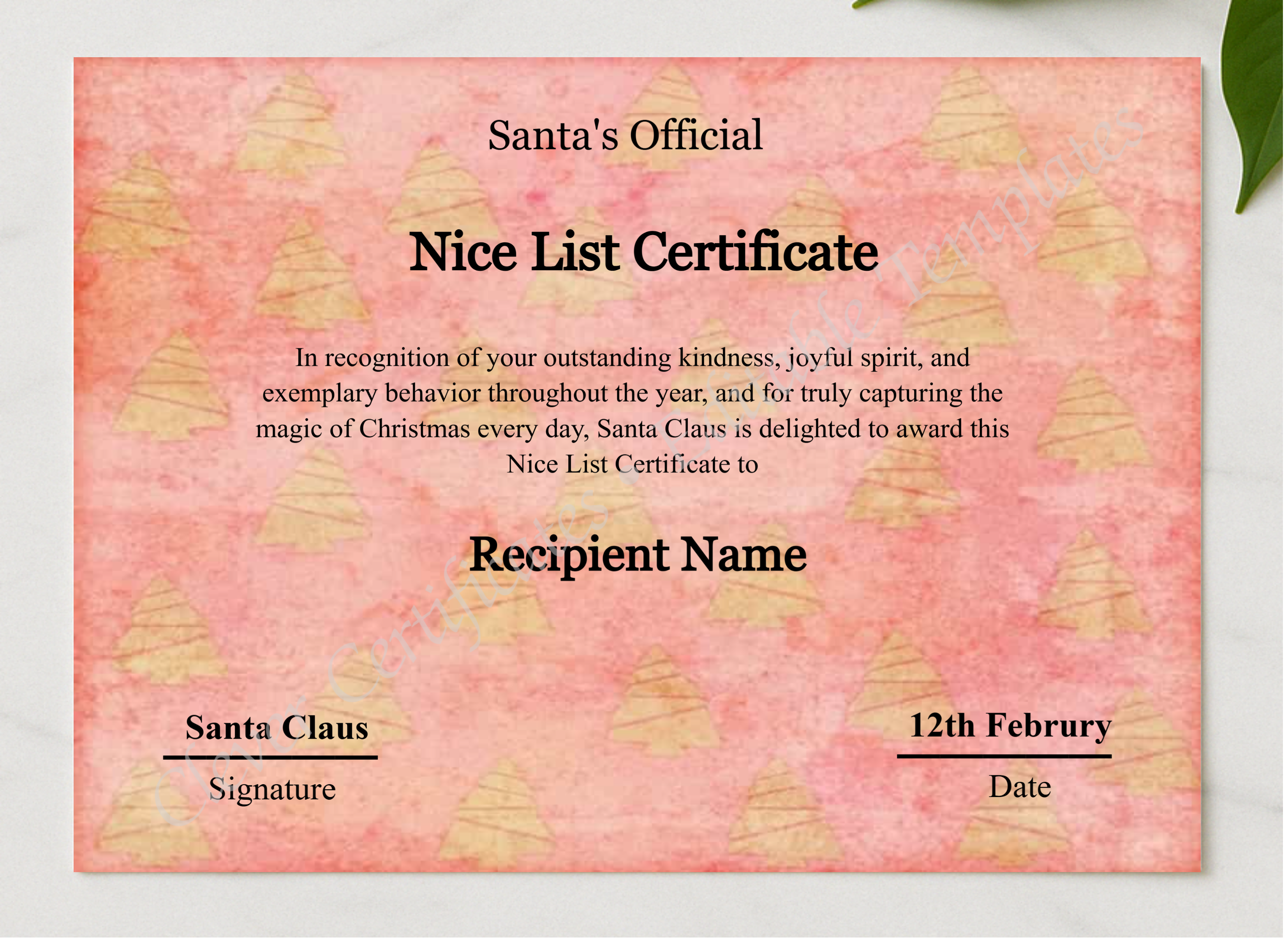 Customizeable Vintage Santa Claus Nice List Certificate Template presented in a sleek wooden frame, elegantly arranged on a stylish table.