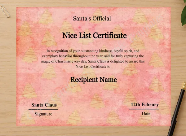Professional preview of Customizeable Vintage Santa Claus Nice List Certificate Template certificate on high-quality stationery paper, ideal for showcasing the final look.