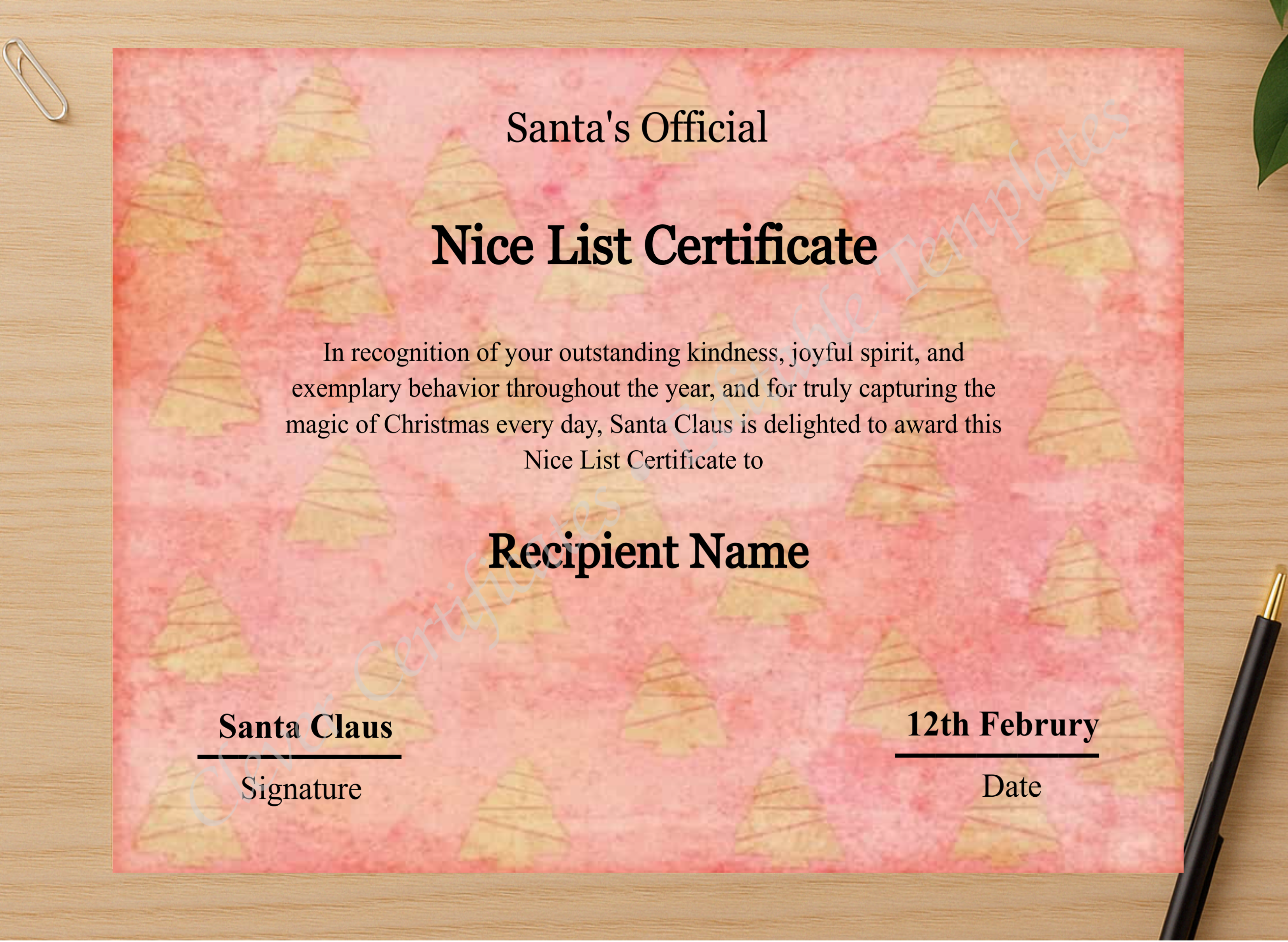 Professional preview of Customizeable Vintage Santa Claus Nice List Certificate Template certificate on high-quality stationery paper, ideal for showcasing the final look.